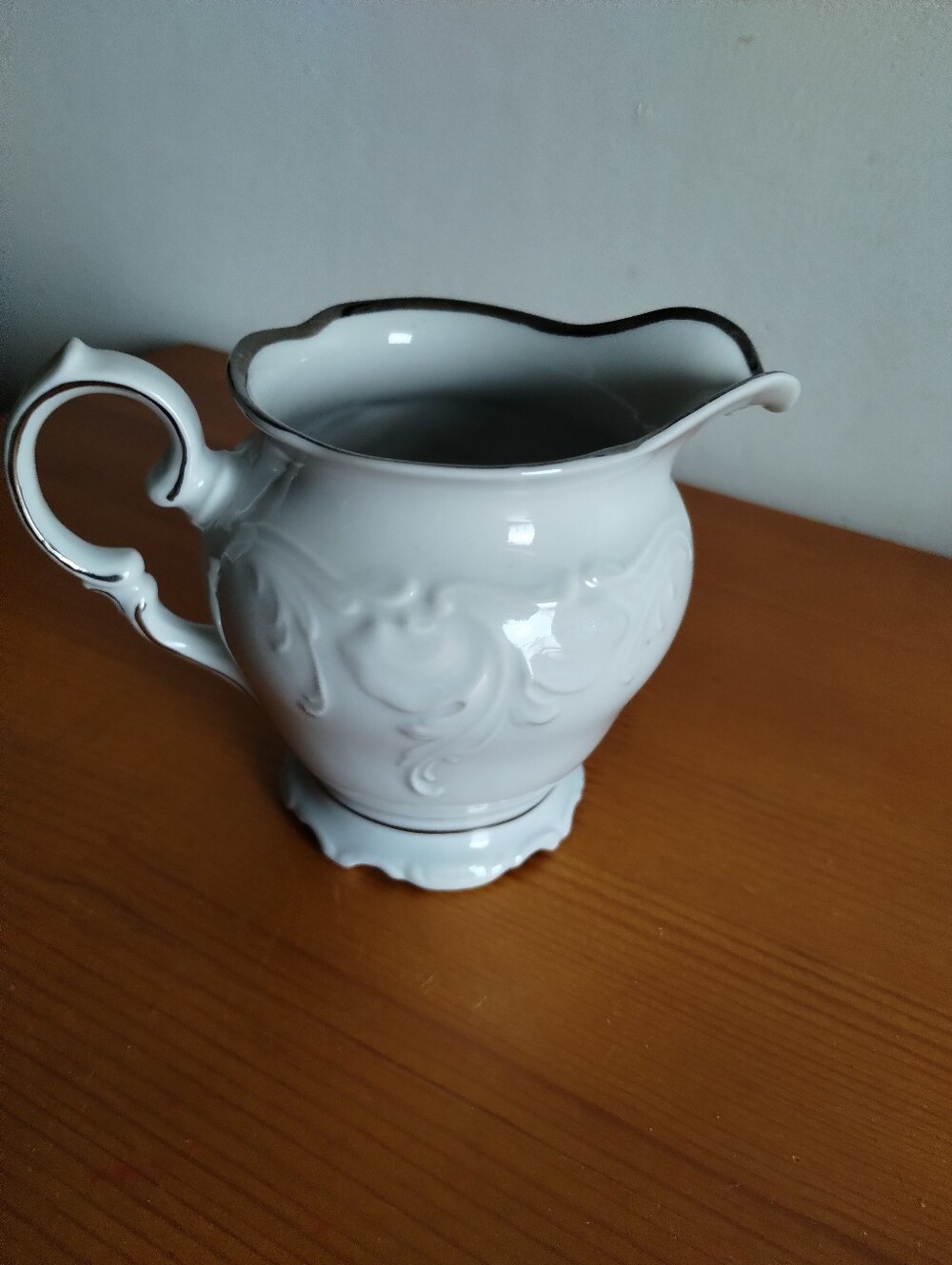 Walbrzich Poland Elegant White Ceramic Pitcher with Silver Trim